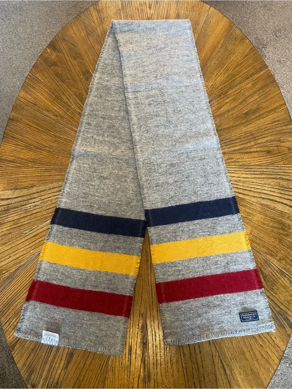 Men's Faribault Woolen Mill Co. Gray Wool Scarf with Navy, Yellow & Red Stripes